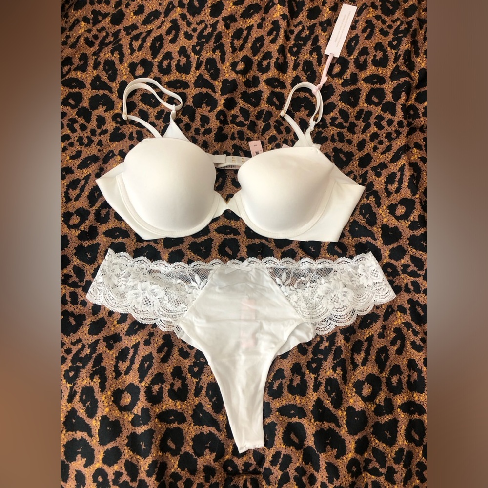 New Victoria's Secret White Demi Bra & Lace Thong Set 36B/M
